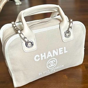 COPY - CHANEL Canvas Deauville Bowling Bag Silver Chainstraps  Beige Brand New …